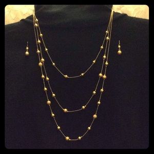 Golden Beaded Tripple Chain & Earrings Set